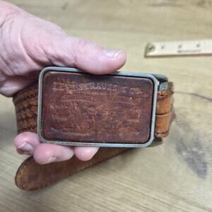 Vtg 70s 80s Levis Brown Stamped Leather Patch Logo Belt Buckle Well Worn L